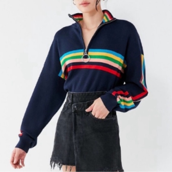Urban Outfitters Women's Molly Half Zip Navy Blue Rainbow Strip Sweater Sz M - Picture 2 of 12